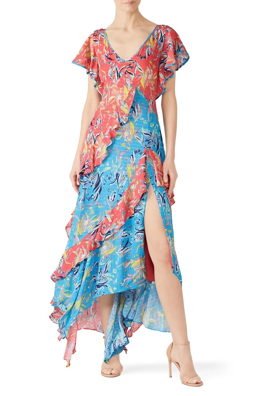Tanya Taylor Silk Floral Ruffle Shark Hem Iliana Maxi Dress, 8 Tall